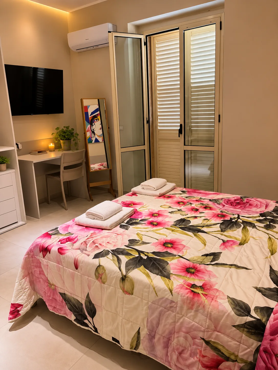 Camera Cantanti – Letto con biancheria fiorita e vista sul balcone