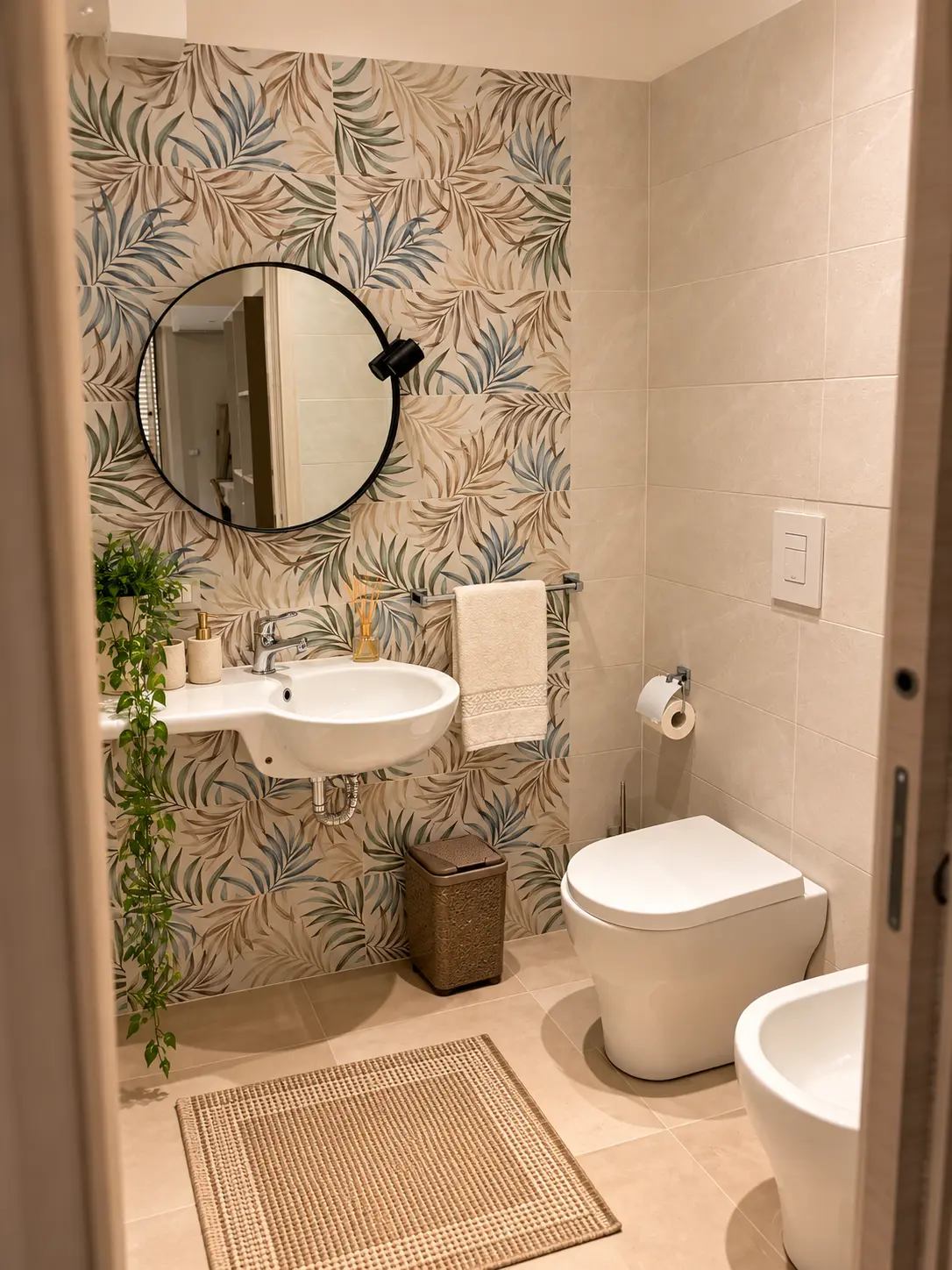Camera Attori – Bagno privato con lavabo, specchio rotondo e parete a foglie tropicali