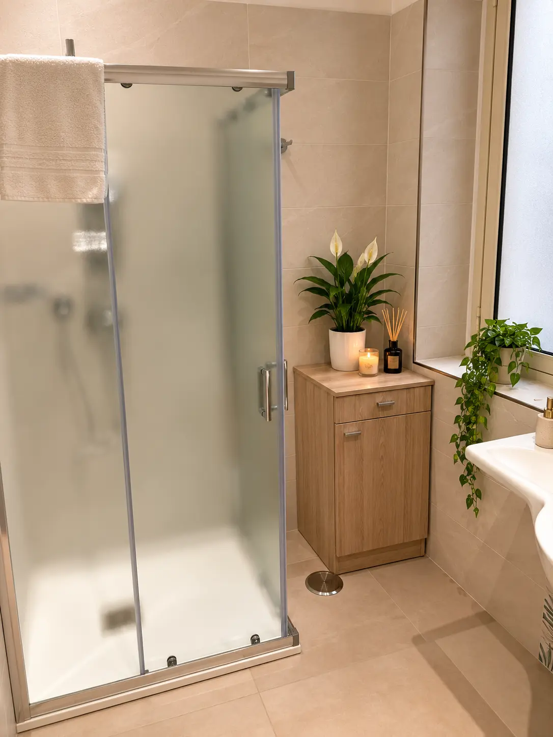 Camera Attori – Bagno privato con doccia in vetro e mobile in legno