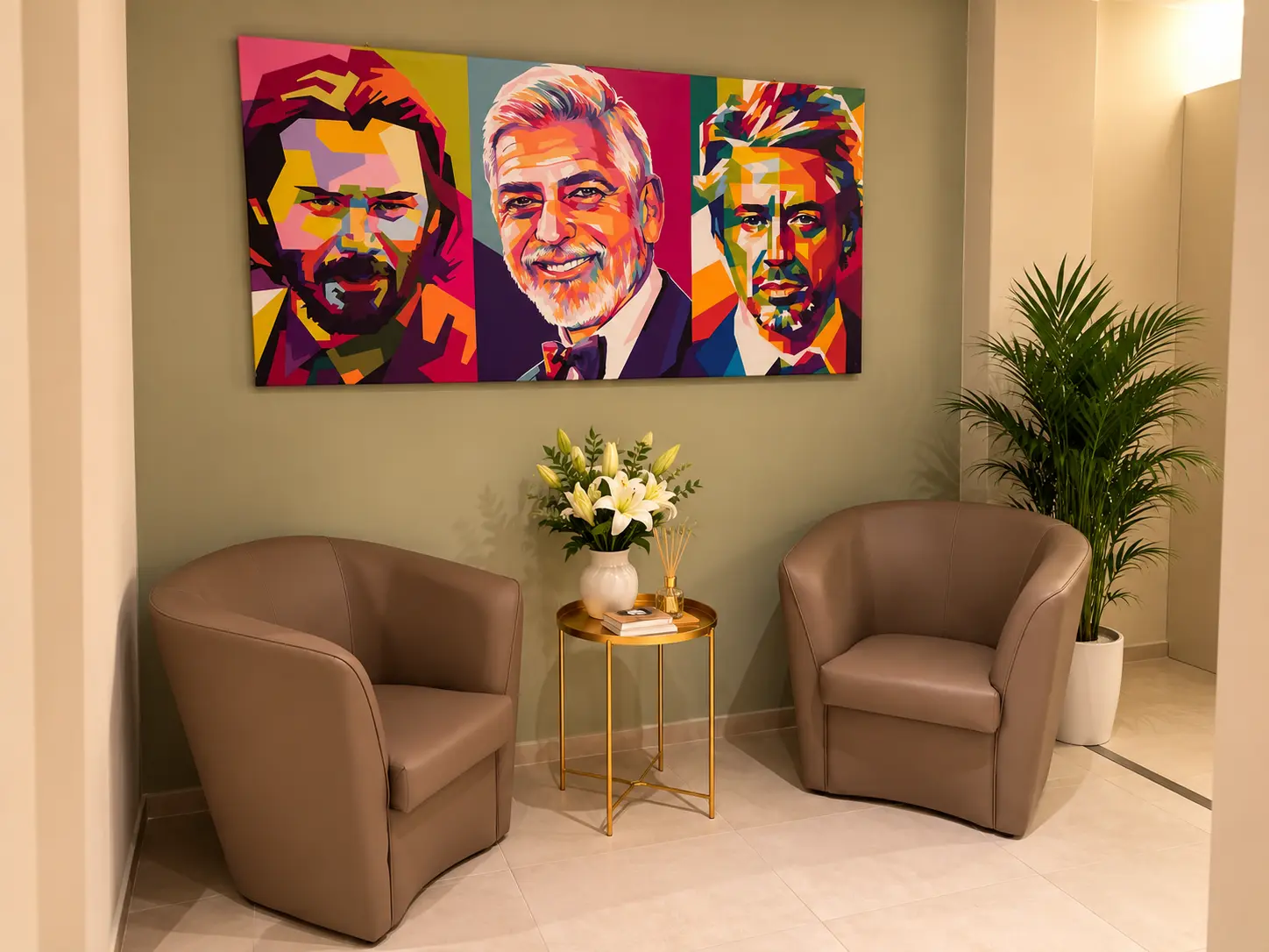 Camera Attori – Angolo d'attesa con due poltrone e quadro pop art con fiori