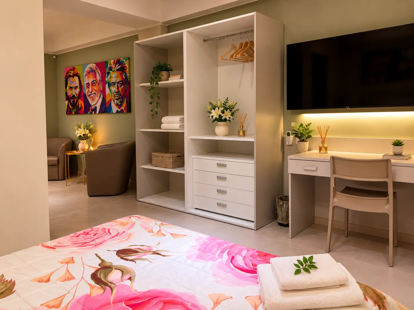 Camera Attori – Guardaroba aperto, scrivania con TV e zona relax con poltrone
