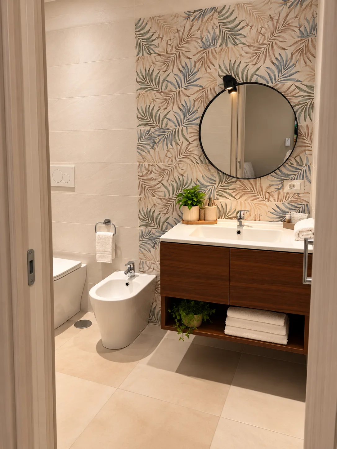 Camera Cantanti – Bagno privato moderno con dettagli botanici
