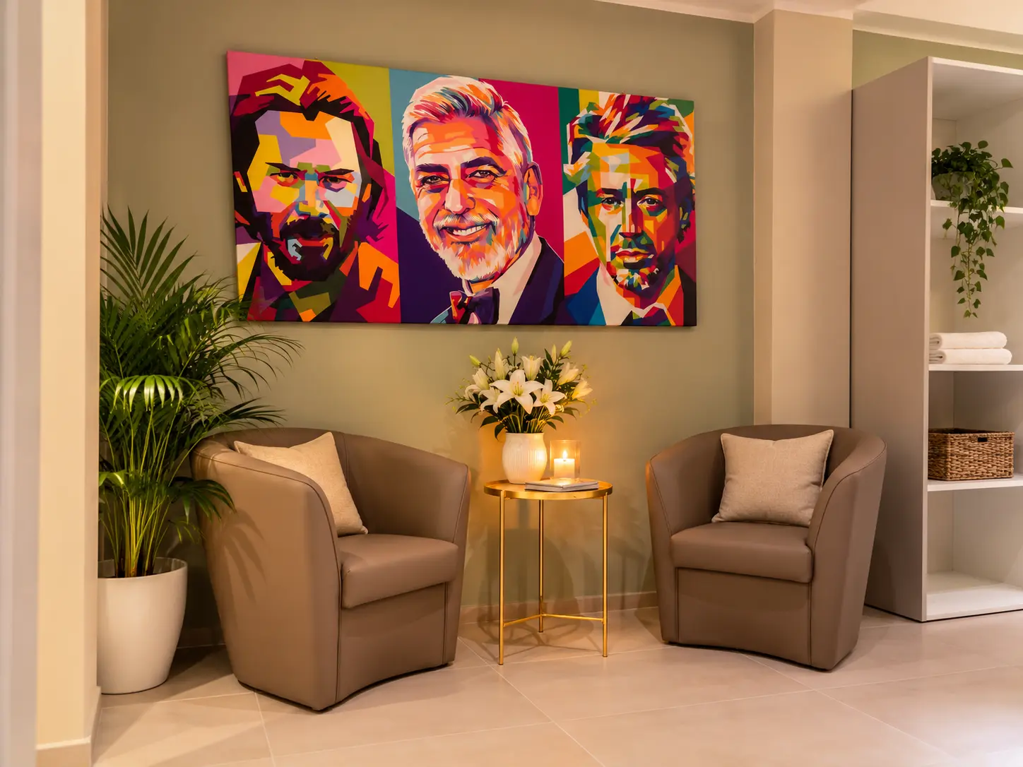 Camera Attori – Zona relax con due poltrone, tavolino dorato e quadro pop art di tre attori