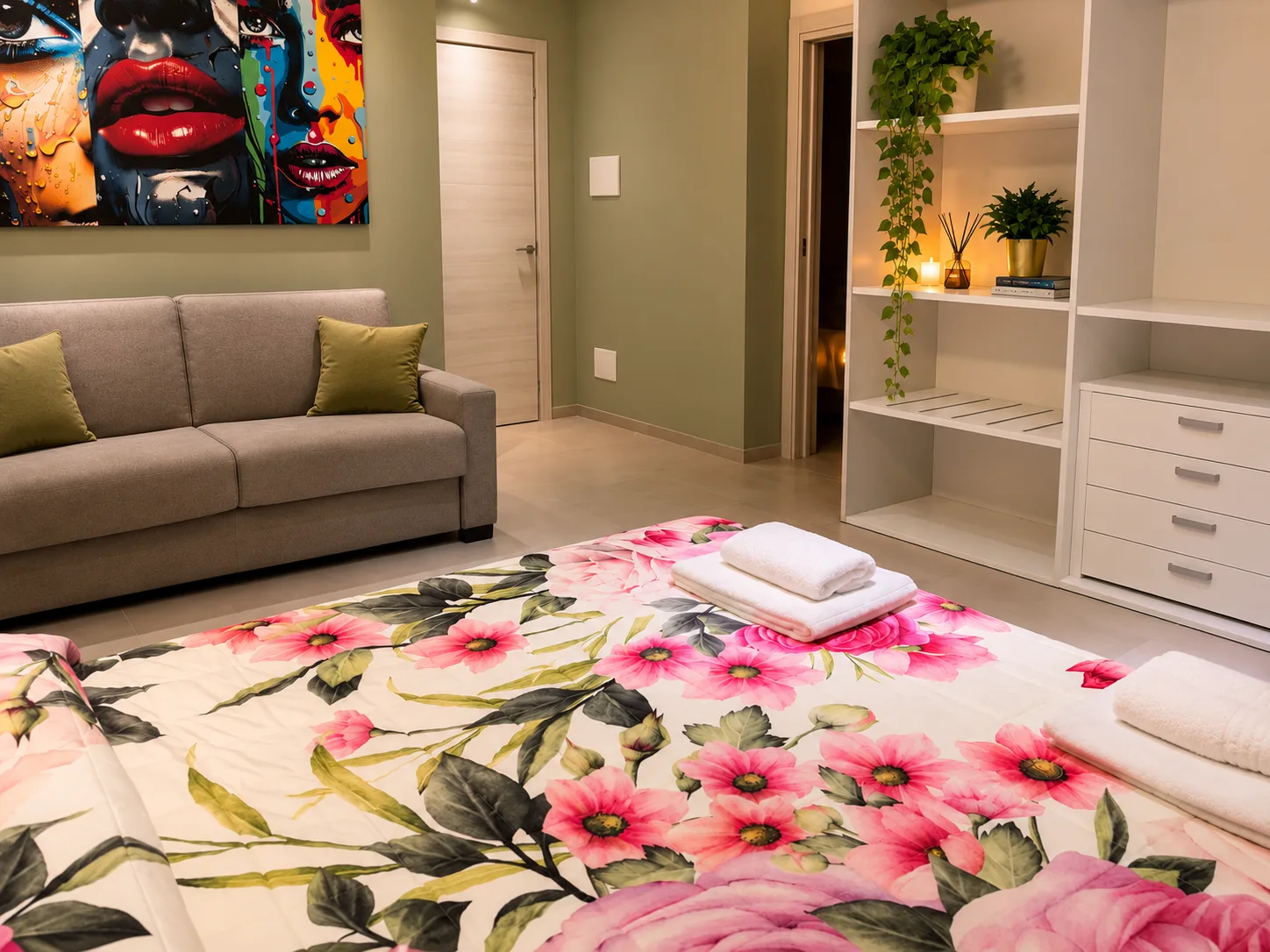 Camera Cantanti – Letto matrimoniale con fiori e luce calda