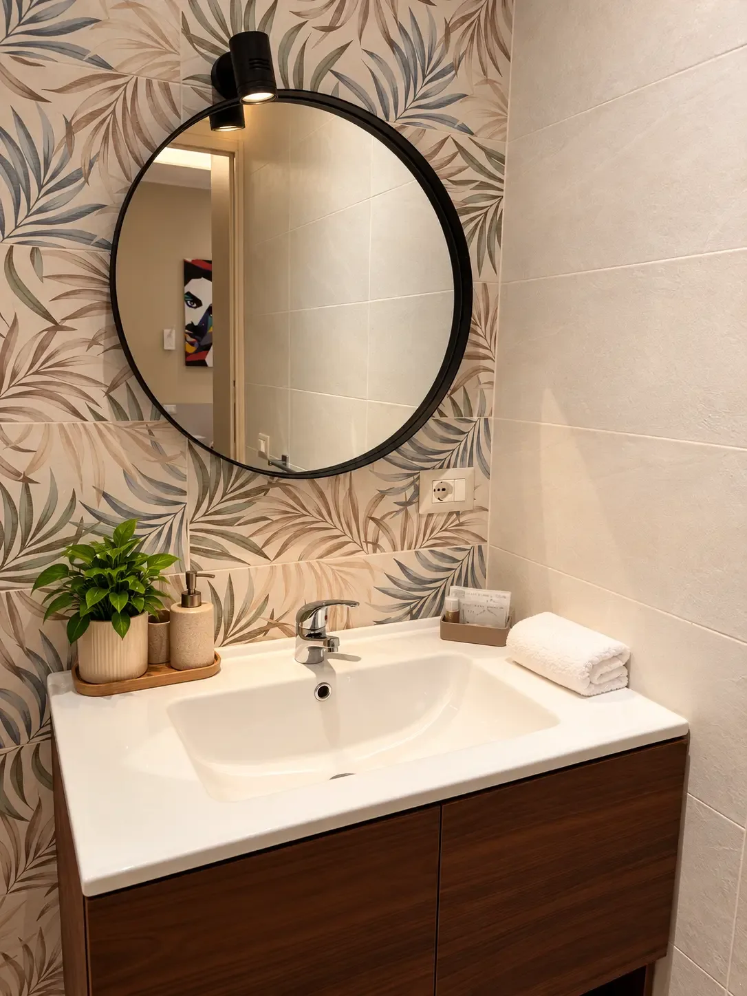 Camera Cantanti – Bagno privato: lavabo e specchio con dettagli botanici